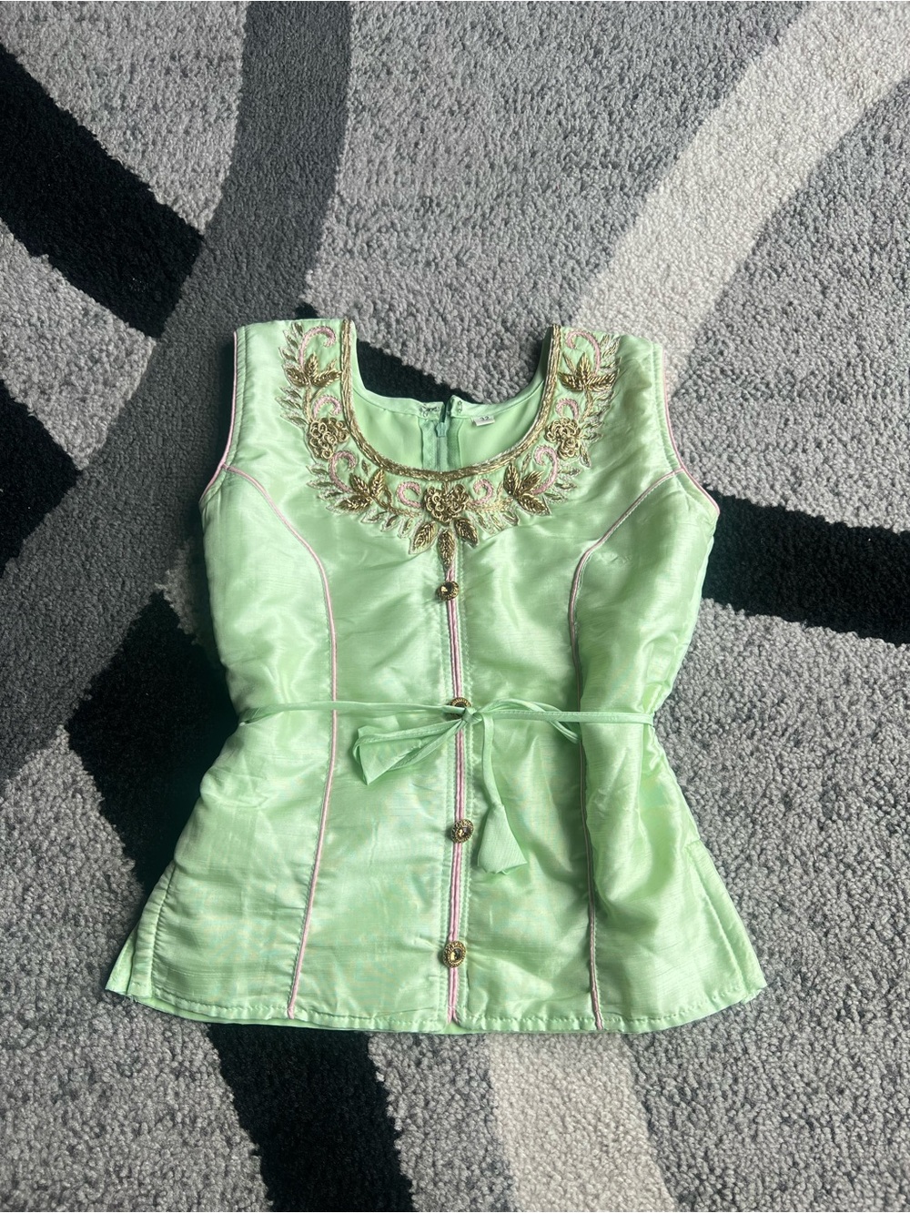 Vintage Mint Embroidered Sleeveless Top with Waist Tie